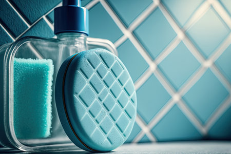 Close up, selective focus background of bathroom shower with blue tiles and soap foamの素材
