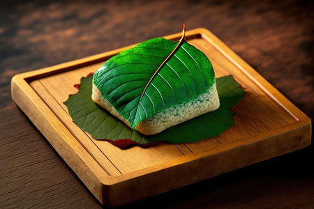 Closeup of delicious mochi on a wooden board with a green leaf. traditional desserts from Japanの素材