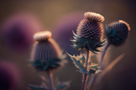 Close up of dry thistle blossoms in a wild meadow with a bokeh light background. natural intangible Beautiful pattern with muted colors. Trendy, minimalist design. For text onlyの素材