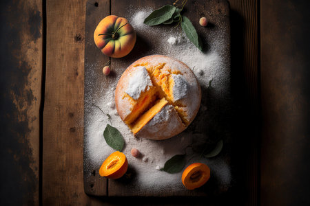 Close up of an apricot and powdered sugar sponge cake on a rustic wooden board. above, horizontal top viewの素材