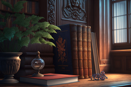 Classical library books, a wooden background, a study or living room, educationの素材