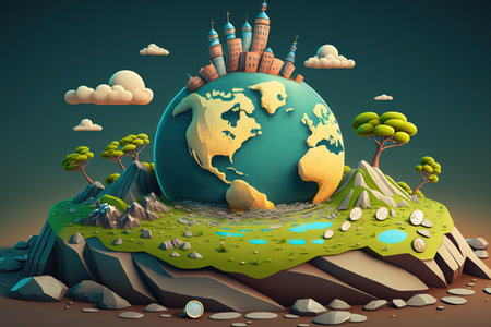 Concept of the relationship between money, economic development, and the planet earth as a planet atop a mound of coinsの素材