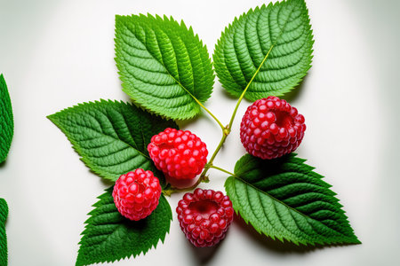 Close up of raspberries with leaves on a white backdropの素材