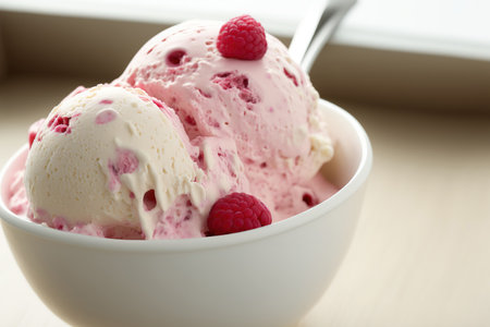 Close up of raspberry ice cream in a white bowlの素材