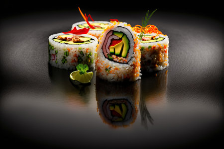 Close up of uramaki sushi rolls on a black background with red caviar, salmon, tuna, cucumber, and avocado. Sushi rolls and delicious traditional Japanese cuisineの素材