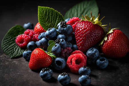 Close up shot of a beautiful assortment of strawberries, blueberries, raspberries, and tasty cherries against a black background in a studioの素材
