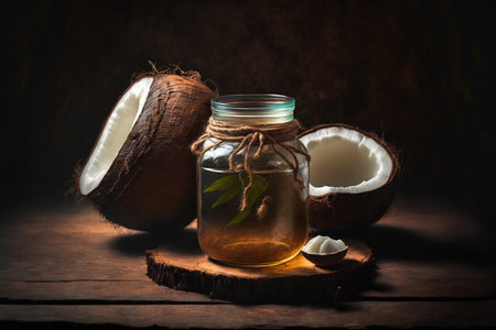 Coconut on a wooden background with coconut oil in a jarの素材