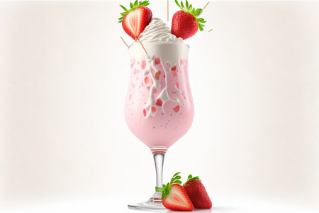 Cocktail or milkshake glass with pink strawberries isolated on white backdropの素材