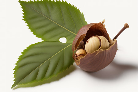 Close up of recently gathered hazelnuts and a leaf on a white backgroundの素材