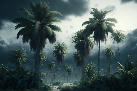 Coconut trees on a white cloudy backgroundの素材