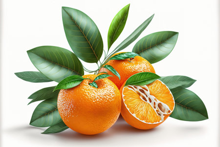Close up of ripe mandarins with their leaves on a white background. Leaves and tangerines on a white backgroundの素材