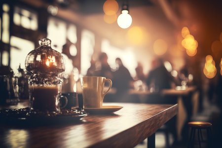 Coffee shop interior background with an abstract blur and a vintage filterの素材