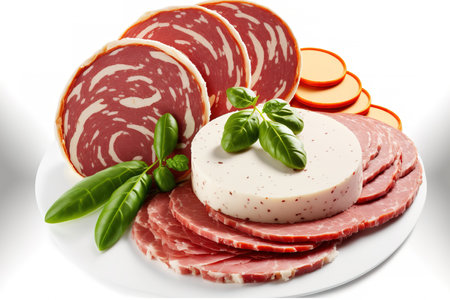 Cold cuts, appetizers, ham, mortadella, and salami slices on a white backgroundの素材