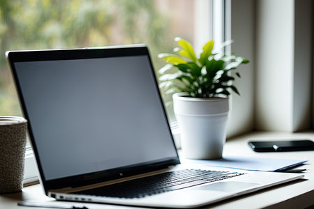 Close up of a laptop against a background of a brightly blurred window. minimalist, light filled home office spaceの素材