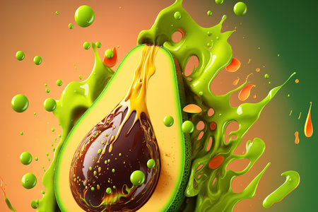 Close up of a sliced avocado with juice splatters and a green backgroundの素材