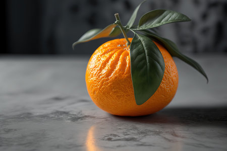 Close up of a fresh, juicy tangerine on a light gray table. Room for textの素材