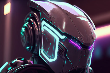 Close up of futuristic virtual reality helmet with neon lights. Personal use equipment with a cyberpunk aestheticの素材