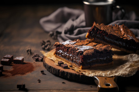 Closeup of freshly cooked brownies on a table. tasty chocolate pieの素材