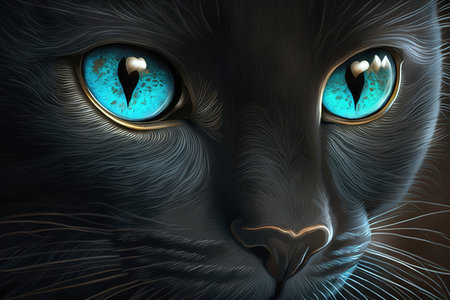 Closeup of a black cat with blue eyesの素材
