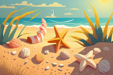 Concept of summer featuring a sandy beach, shells, and starfishの素材