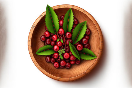 Closeup of a cranberry with a leaf in a wooden bowl on a white backdrop. a top viewの素材
