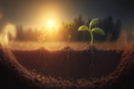 Concept of agriculture plant sowing, growing, and sunlightの素材