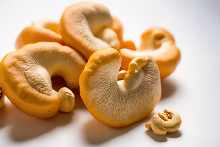 Close up, solitary, and natural cashew nuts on a white backgroundの素材