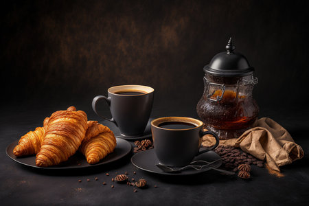 Coffee and croissants on a dark background. superior photographの素材