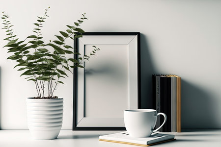 Comfortable workplace, picture frame, books, coffee cup, stationery on white tableの素材