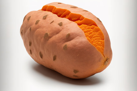 Closeup of a sweet potato isolated on a white backdrop. looking up. Lay flatの素材