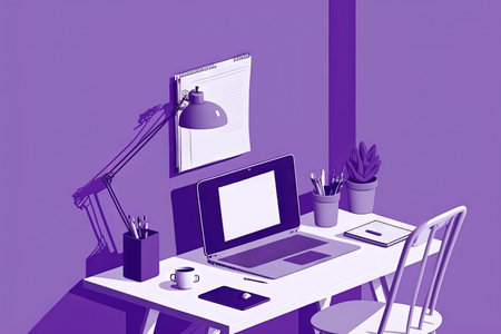Concept home working. Lovely job. Modern Desk with computer. minimal work from home interior concept. Purple background. cartoonの素材
