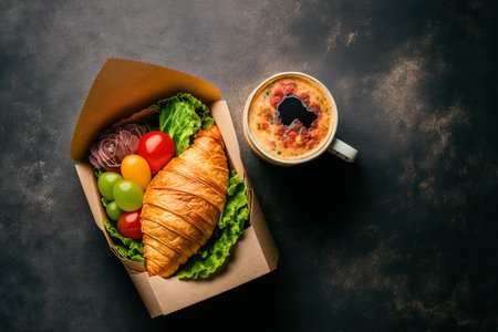 Coffee in a paper cup and a croissant sandwich on a grungy gray background. Ham and fresh veggies on croissants flat lay, top view. selective focus on a textured objectの素材