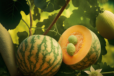 Close up of two tropical melons on a vine in an agriculture farm, including a cantaloupe melon, a honey melon, and a Japanese melonの素材