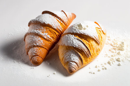 Closeup of two croissants with powdered sugar on a white backdropの素材