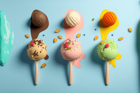 Colorful s of different ice cream scoops on a light blue background. Flat lay of a summer minimalism with harsh light. Chocolate Orange, pistachio, blueberry, and vanilla ice cream ballsの素材