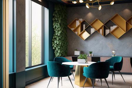 Co working space with a luxurious, cozy decor that promotes social distance for work that is both free and relaxing. Creative cooperative workspace concept for a transportable office for startupsの素材