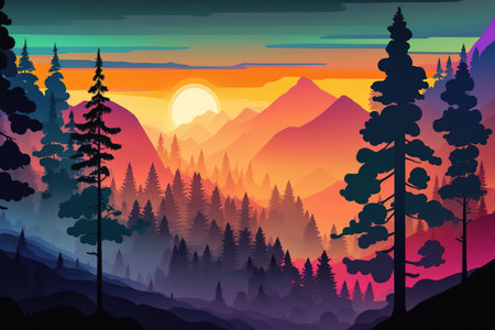 Colorful sunrise on a steep slope covered in trees and fogの素材