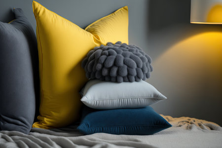 Color pillows illuminating ultimate gray pile on bed Two trendy 2021 colors of years Modern interior design Cozy textile Sweet home Interior designの素材