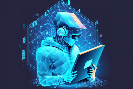 Concept of an internet speed hacker utilizing a notebook with an inventive luminous polygonal 5G hologram on a blue backgroundの素材