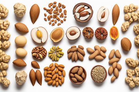 Collection of nuts against a white backgroundの素材