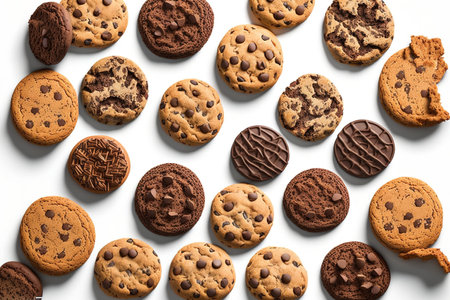 Collection of exquisite dark chocolate and half chocolate chip cookies on a white backdropの素材