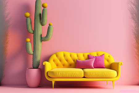 Comfortable pink sofa with a yellow background. a floor light, a coffee table with a book and a cactusの素材