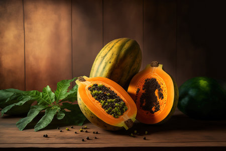 Closeup of ripe fresh papaya fruits on a wooden tableの素材