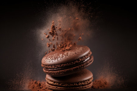 Cocoa powdered French chocolate macaron on a black backgroundの素材