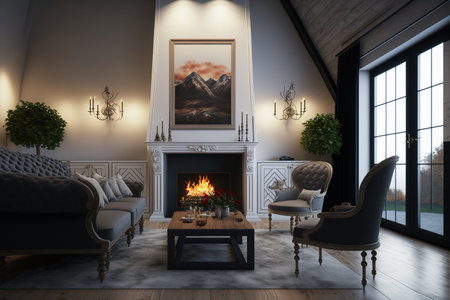 Comfortable armchairs next to a wooden table opposite a magnificent fireplace can be found in an elegant living room with loft interior design in a luxurious propertyの素材