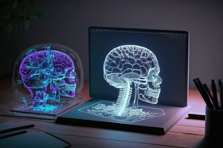 Computer and brain drawing hologram in double exposure on a desktop. artificial intelligence ideaの素材