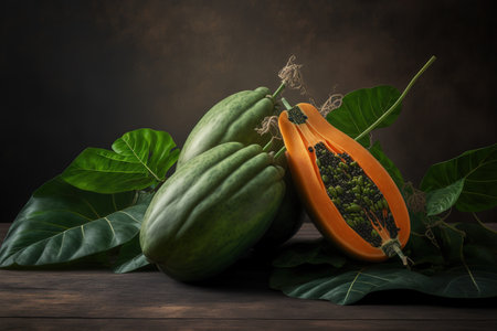 Close up of ripe fresh papayas with green leaves on a gray tableの素材
