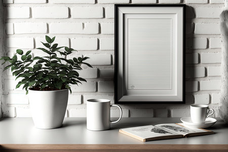 Comfortable workplace with books, flower pot and coffee cup on white table against brick wallの素材