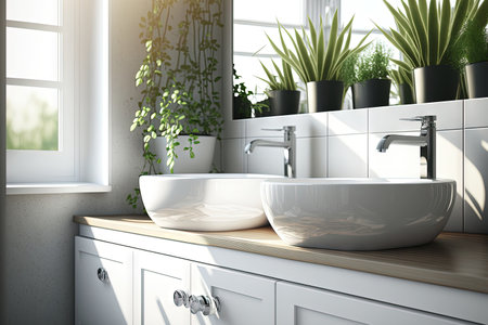 close up white vanity counter with double ceramic washbasin and modern style faucet in a bathroom with morning sunlight and shadow. Blank space for products display mockup. Backgroundの素材