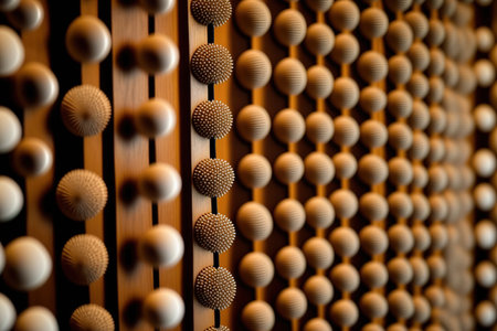 Closeup view texture of wooden strung curtain beads at a doorway, suitable for wallpaper and graphic designの素材